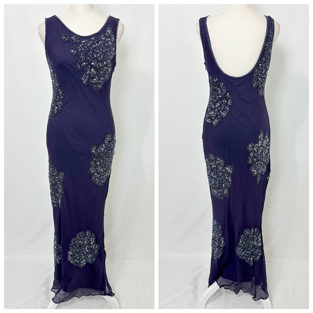 100% Silk Purple beaded evening dress with silver floral   #glam #party #goth